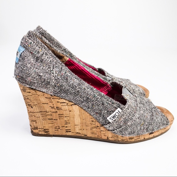 Toms PeepToe Textile Upper Cork Wedges - Picture 3 of 7